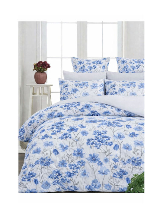 SteweHome Cotton Duvet Cover Set 200x230cm Double With 2 Pillowcases & 1 Bed Sheet Blue