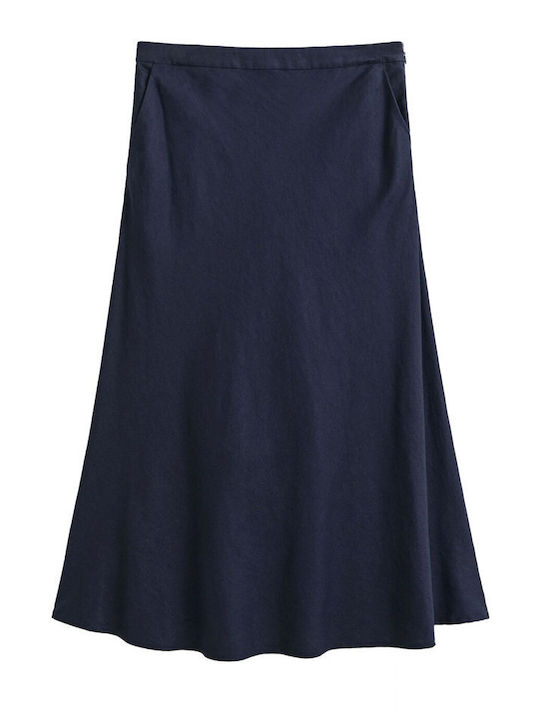 Skirt Λινή Ψηλόμεση Midi Φούστα Darkblue