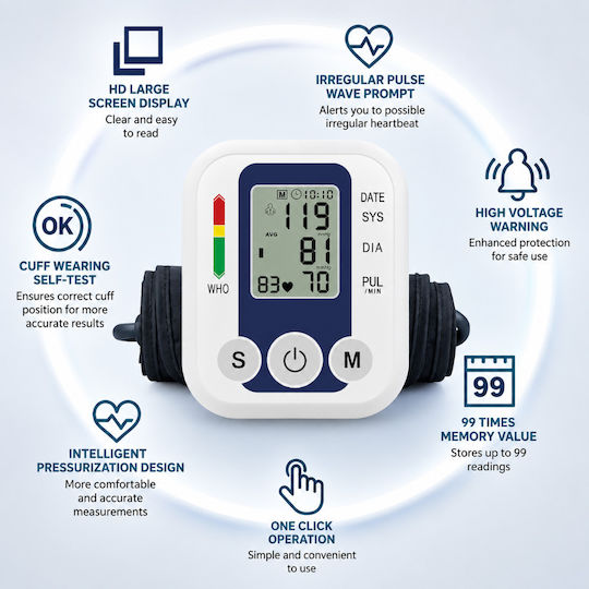 Tensiometru Digital de Braț Ecran Lcd Mare Măsurare Tensiune Arterială Puls Detectare Puls Neregulat Manșetă Reglabilă Usb Albastru Alb