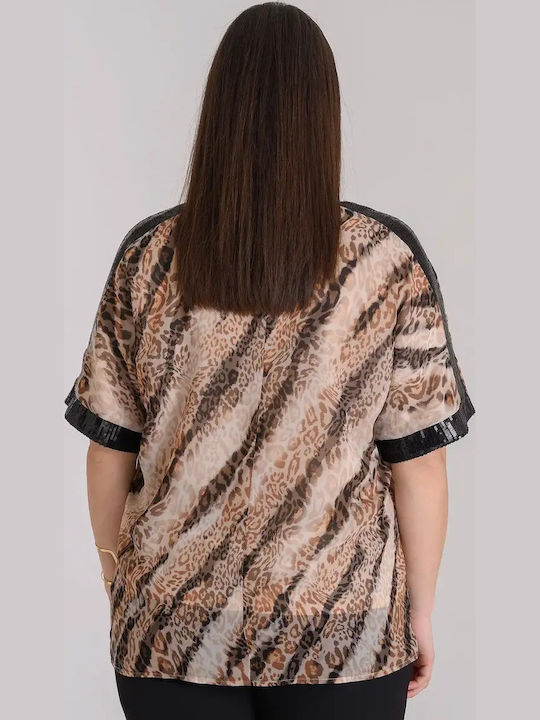 Women's Blouse Short Sleeve with V-Neck Animal Print Beige