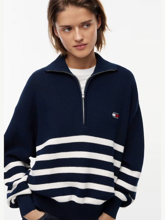 Tommy Women's Cotton Sweater with Zipper Striped Navy Blue/White