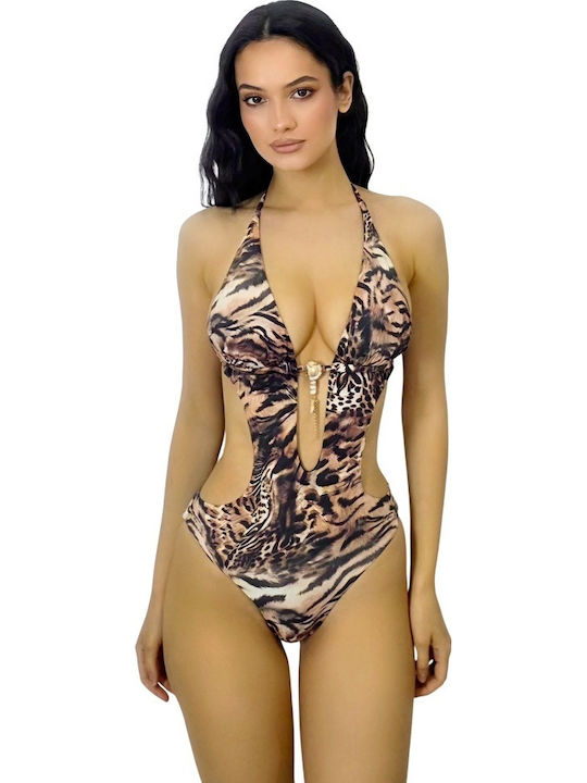 Swimsuit with Openings and Removable Padding Animal Print Beige