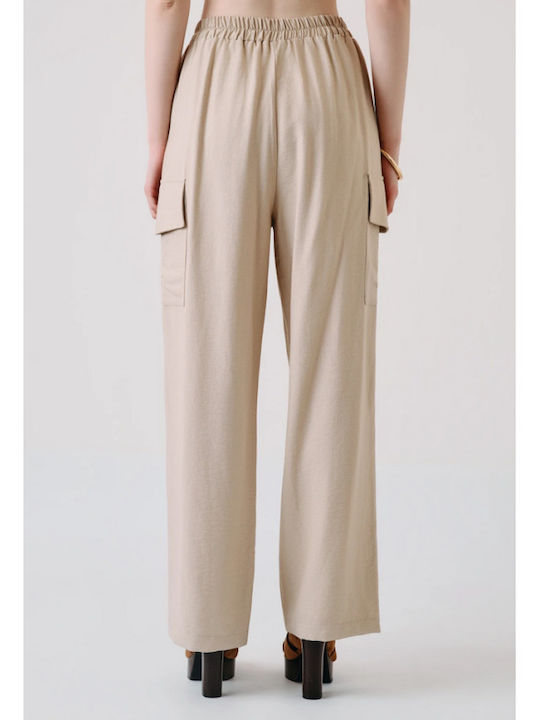 Women's Beige Set with Trousers with Rubber Band in Straight Leg Style