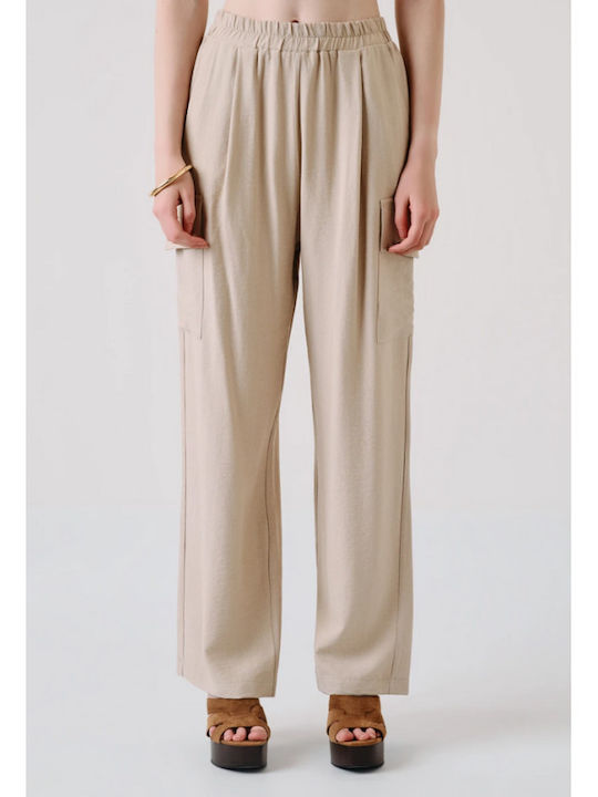 Women's Beige Set with Trousers with Rubber Band in Straight Leg Style