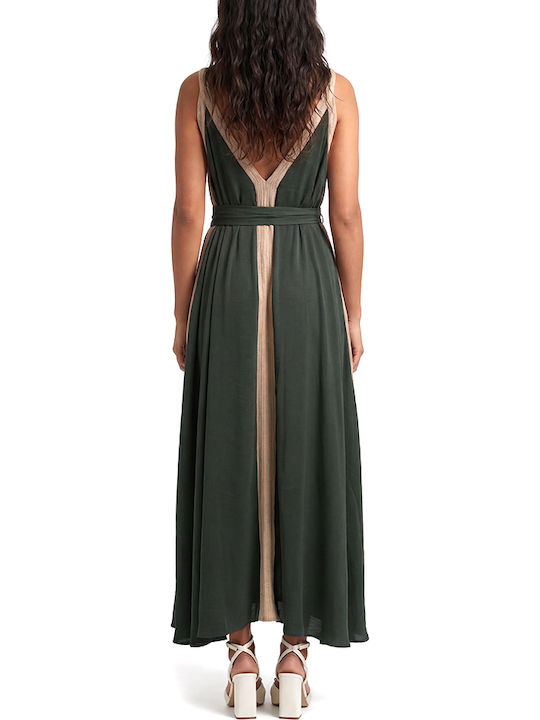 Moutaki Sommer Maxi Abendkleid Khaki Gold