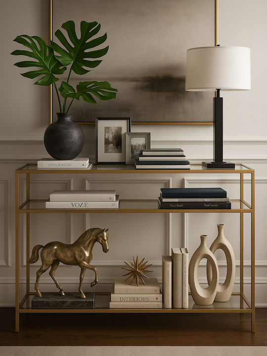 Metal Console Table with Glass Top Gold L100xW30xH90cm