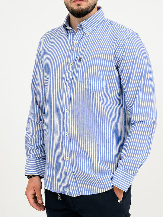 Ascott Cămașă Bărbați Mânecă Lungă Din In Cu Dungi Albastru Deschis