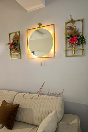 SteweHome Wandspiegel mit Gelbem Metallischem Rahmen & LED Beleuchtung 80x80cm