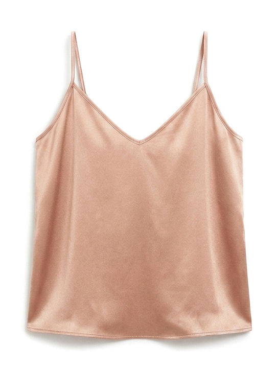 Women's Satin Sleeveless Blouse with V-Neckline Beige-Gold