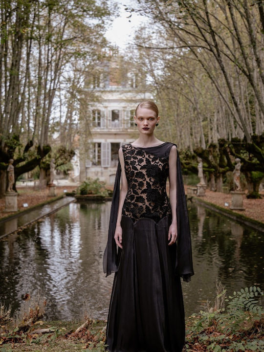 Maxi Βραδινό Φόρεμα Βελούδινο με Δαντέλα Black Velvet Lace