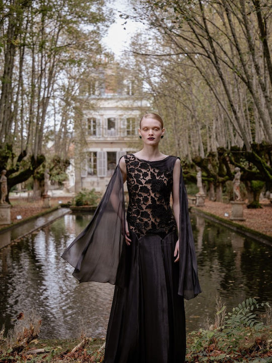 Maxi Βραδινό Φόρεμα Βελούδινο με Δαντέλα Black Velvet Lace