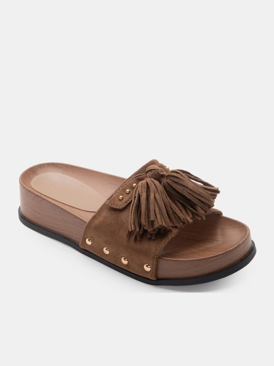 Suede Mules με Χαμηλό Τακούνι σε Καφέ Χρώμα