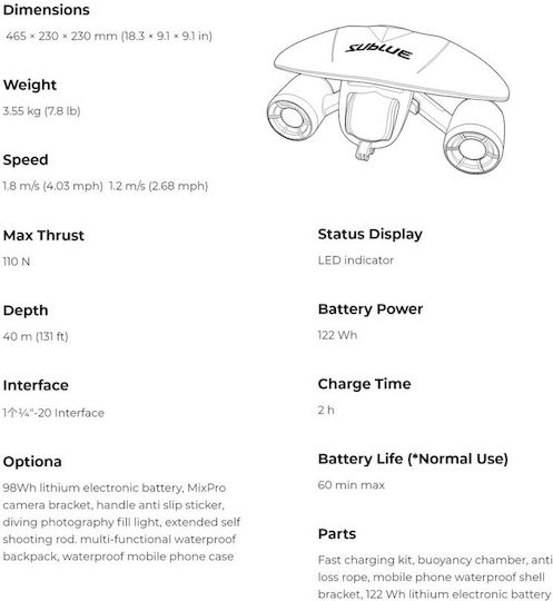 Sublue MixPro Underwater Seascooter with Maximum Speed 6.5km/h Battery Autonomy 60min and Weight 3.55kg
