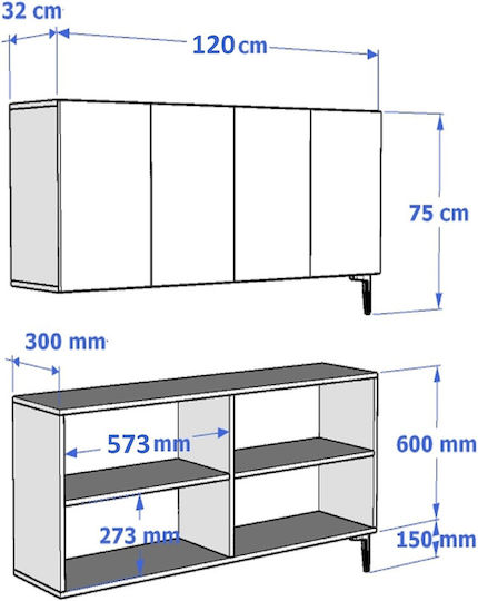 Wooden Sideboard Gray 120x32x75cm