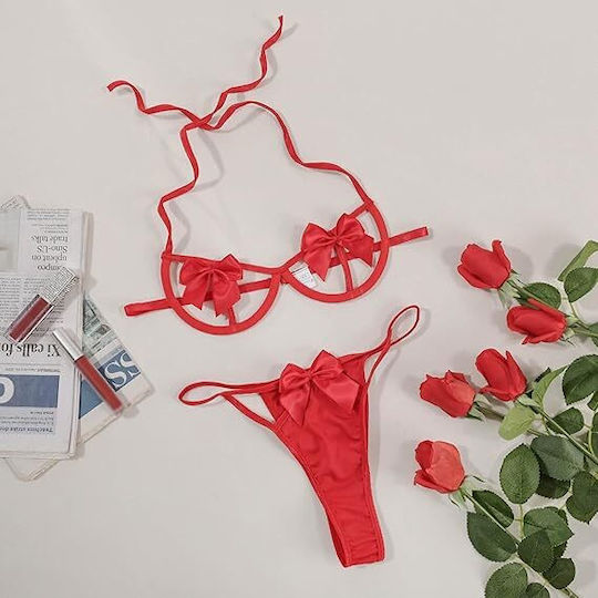 Smd Red Temptation Lingerie Set Red Satin Bow Open-cup Bra & Matching Panty Red