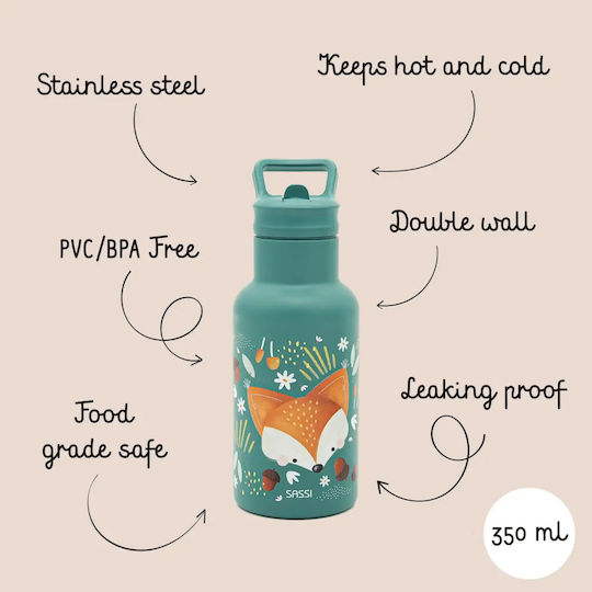 Sassi Junior Fox Sticlă Pentru Copii Din Oțel Inoxidabil Cu Pai Gri 350ml