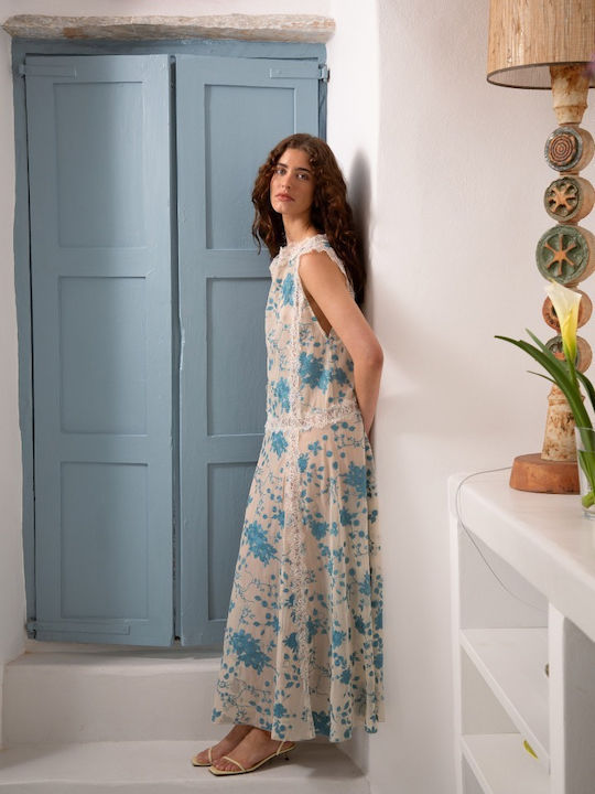 Maxi Floral Ecru Blue Dress