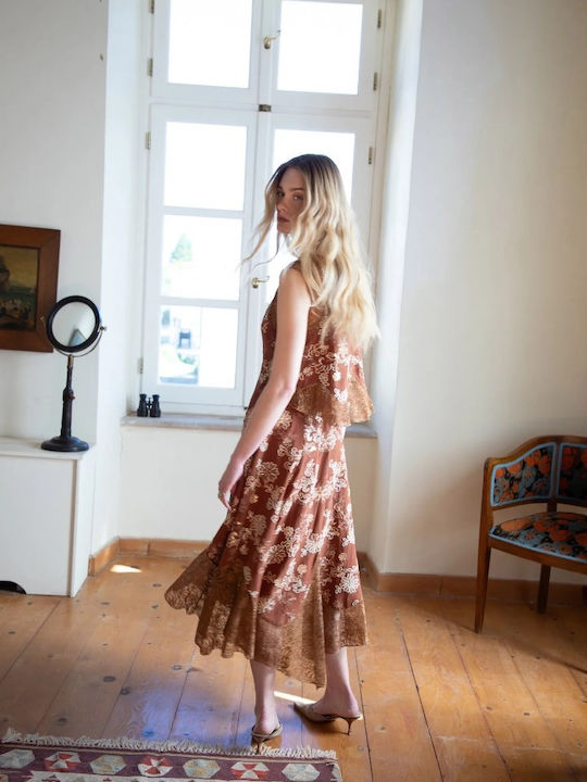 Rochie-Cămașă Midi Floral Teracotă