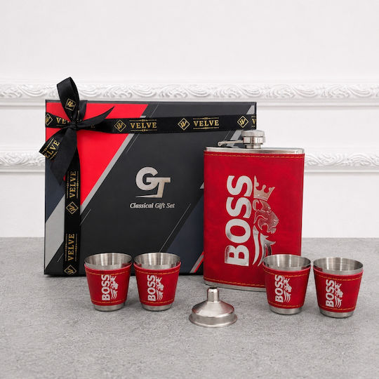 Set Bărbați Boss Sticlă Metalică 4 Pahare de Shot Îmbrăcate în Piele Pâlnie Cutie Elegantă Roșie