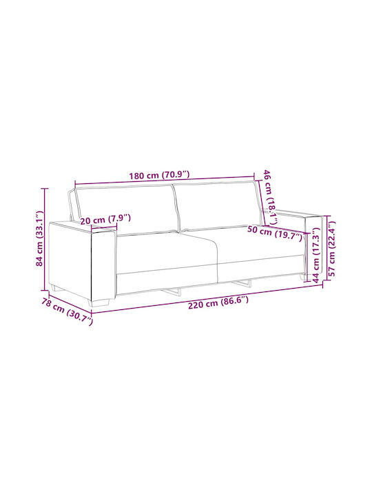 Three-Seater Velvet Black Couch 220x78x84cm