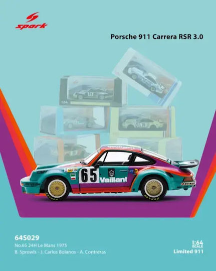 Model Mașină Porsche 911 Carrera Rsr #65 24 Orele De Le Mans 1975 Sprowis Bolanos Scara 1:64 Spark