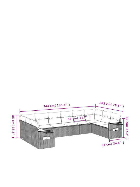 Corner Outdoor Sofa Rattan with Cushions 55x55x69cm