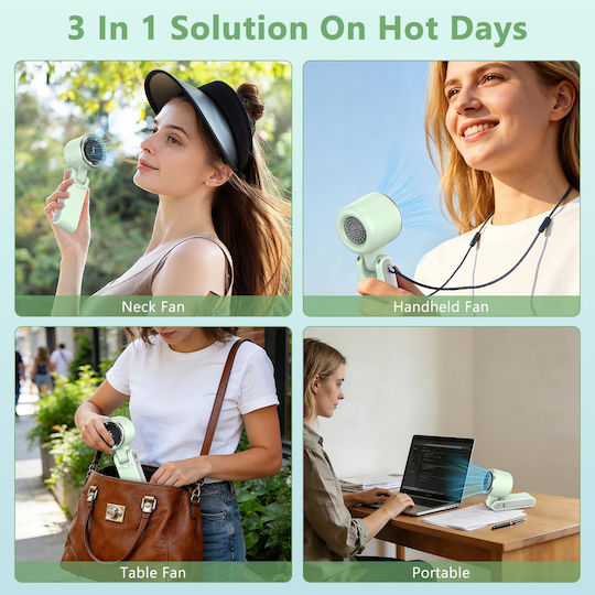 Portable Plastic Usb Battery Fan Electric Motor Foldable Bladeless 5-speed Settings Green
