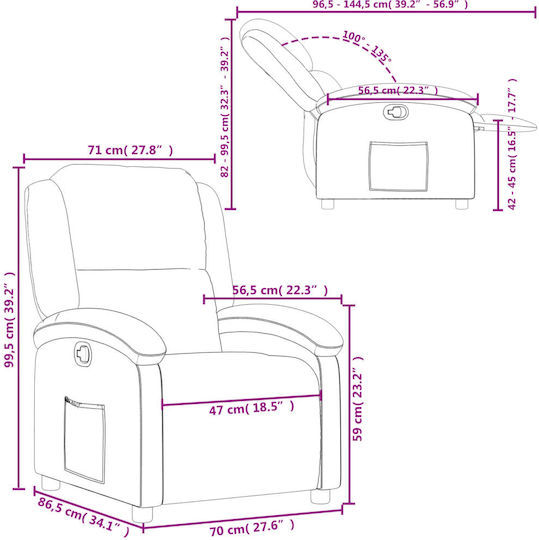 Relax Sessel mit Fußhocker aus Echtem Leder Graue 71x86.5x99.5cm