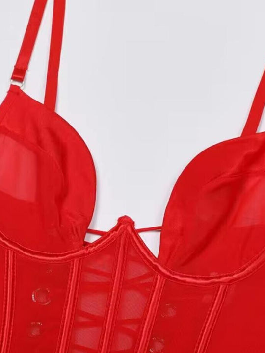 Roza Rz6086 Διάφανο Bodysuit Κορσέ & Deep V – Sexy Lingerie Κόκκινο