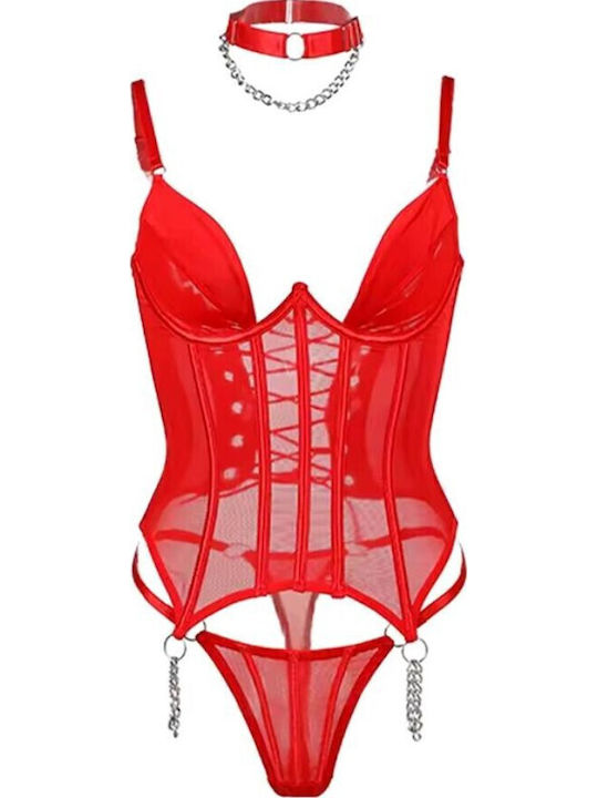 Roza Rz6086 Transparent Bodysuit Corset & Deep V – Sexy Lingerie Red