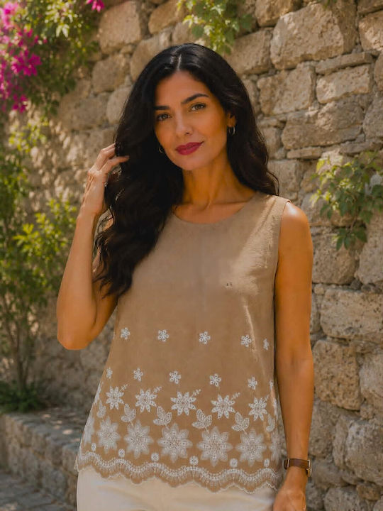 Women's Cotton Sleeveless Beige Blouse