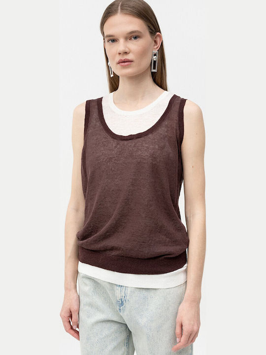 Women's Summer Linen Sleeveless Blouse Dark Brown