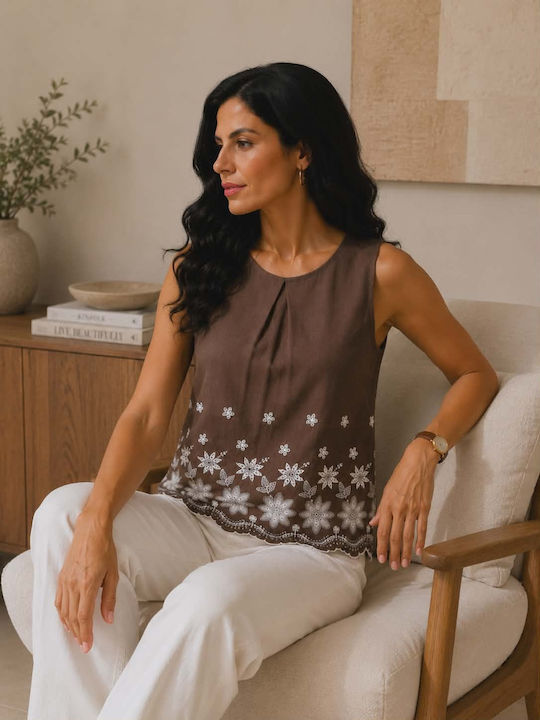 Women's Sleeveless Cotton Brown Blouse
