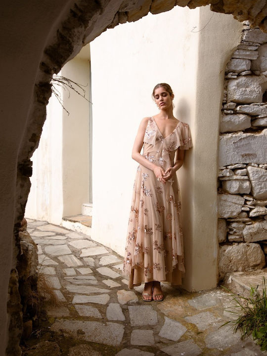 Rochie De Vară Maxi Pentru Nuntă Botez Cu Tul Bej Josiadress