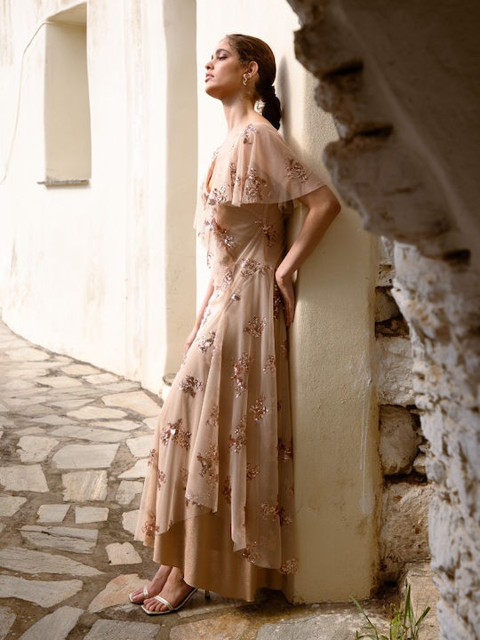 Rochie De Vară Maxi Pentru Nuntă Botez Cu Tul Bej Josiadress