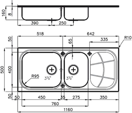 Foster Big Bowl Ένθετος Αριστερός Inox Σαγρέ Μ116xΠ50cm