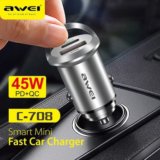 Awei C-708 Car Charger 45W with Ports: 1xUSB 1xType-C Black Color