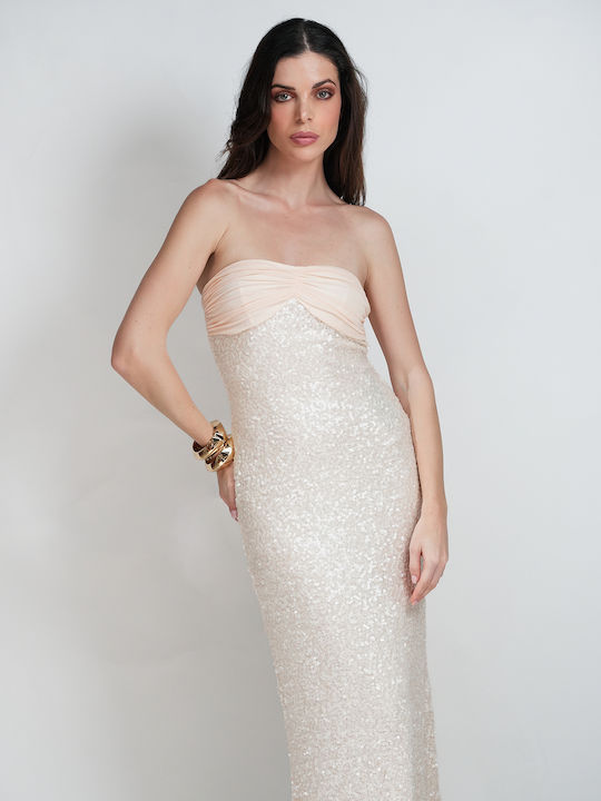 Summer Maxi Evening Dress Strapless Open Back with Tulle Beige
