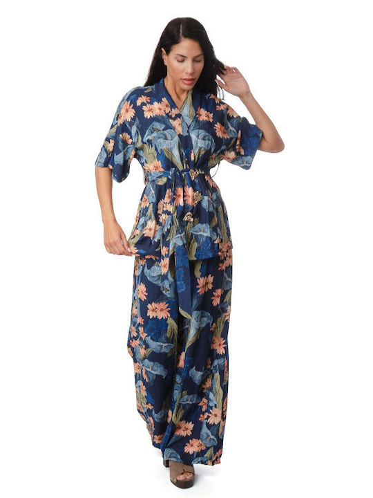 Dark Blue Set Trousers Jacket Floral Prints