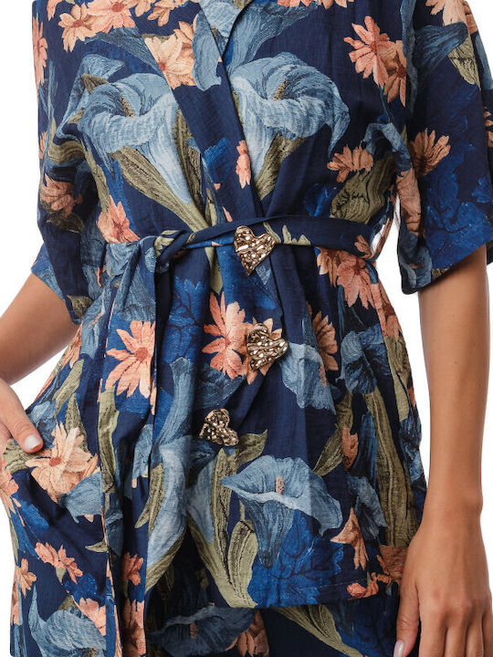 Dark Blue Set Trousers Jacket Floral Prints