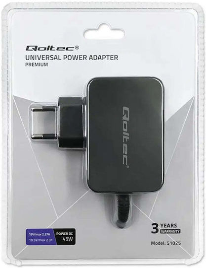 Qoltec Universal Φορτιστής Laptop 45W με Αντάπτορα Τροφοδοσίας και με σετ βυσμάτων