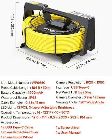 Vevor Endoscope Camera Wi-Fi for Mobile with 50m Cable