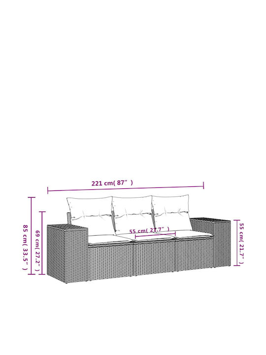 Three-Seater Outdoor Rattan Sofa with Cushions 55x62x69cm