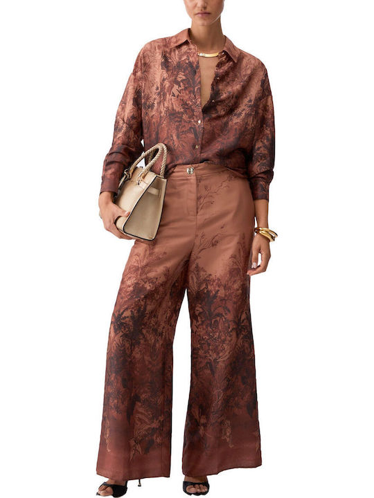 Long Sleeve Women's Satin Shirt Brown-Black