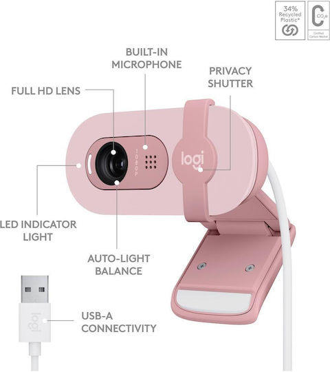 Logitech Brio 100 Web Camera Full HD 1080p Ροζ 960-001623