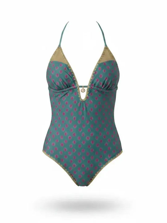Modern Ocean Women's One Piece Swimsuit Brazil Halterneck Binding Petrol Green Embroidered Crochet Details on Edges C-6391 Petrol Modern Ocean Women's One Piece Swimsuit Brazil Halterneck Binding Petrol Green Embroidered Crochet Details on Edges C-6391 Petrol
