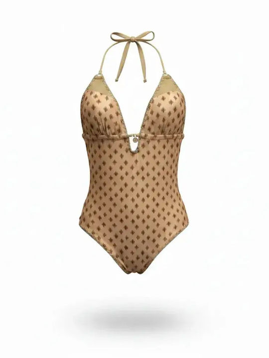 Modern Ocean Women's One Piece Swimsuit Brazil Halterneck Gold Gold Embroidered Crochet Details On Edges C-6391 Gold
