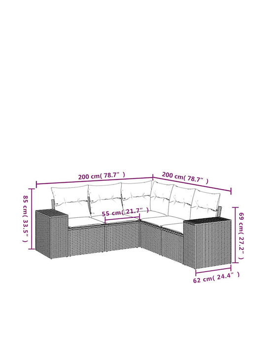 Outdoor Corner Rattan Sofa With Cushions 62x62x69cm