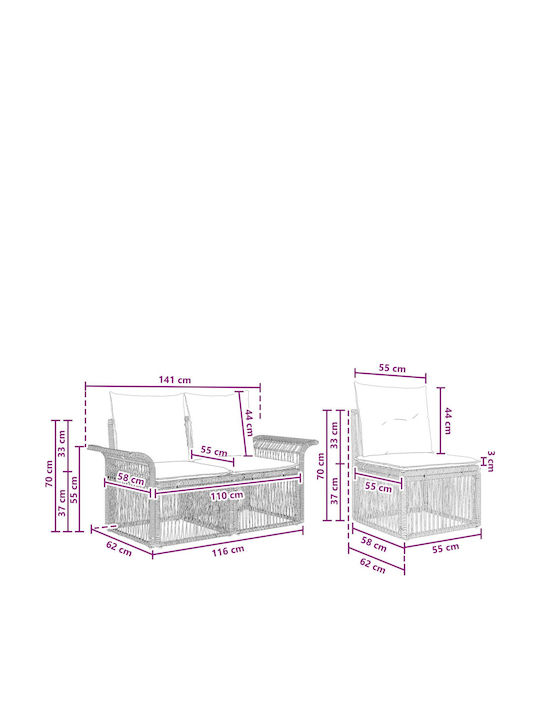 3-Seater Outdoor Rattan Sofa with Cushions 70.5x62x70cm