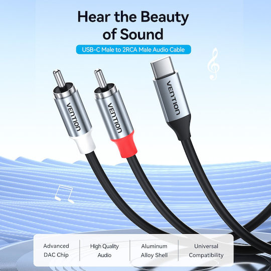 Vention Usb-C Male To 2RCA Male Audio Cable Dac 1m Grey Bikhf